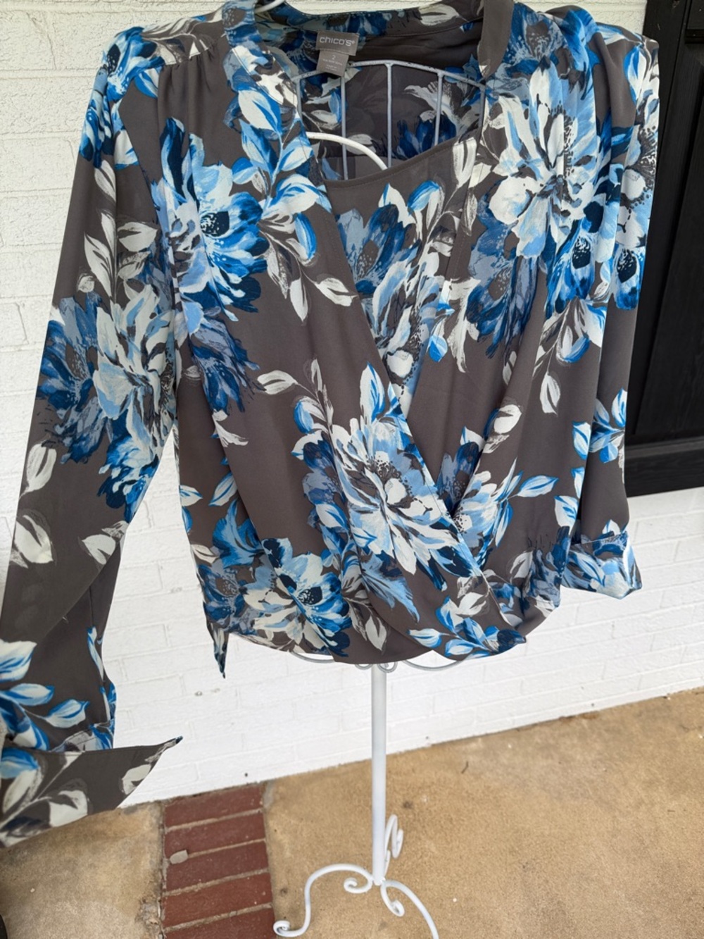 Chico's Gray Blouse with Blue & White Floral Print